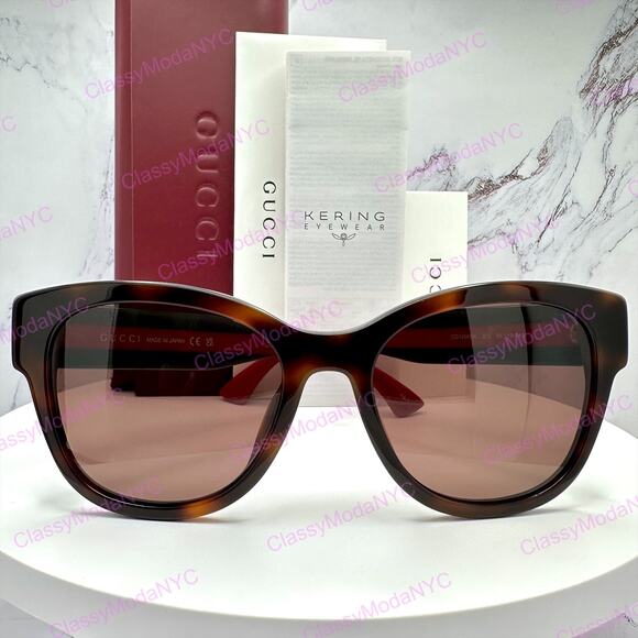 New GUCCI Sunglasses Brown Cat Eye Round Red Green Web Arms Gold GG Womens main image 12